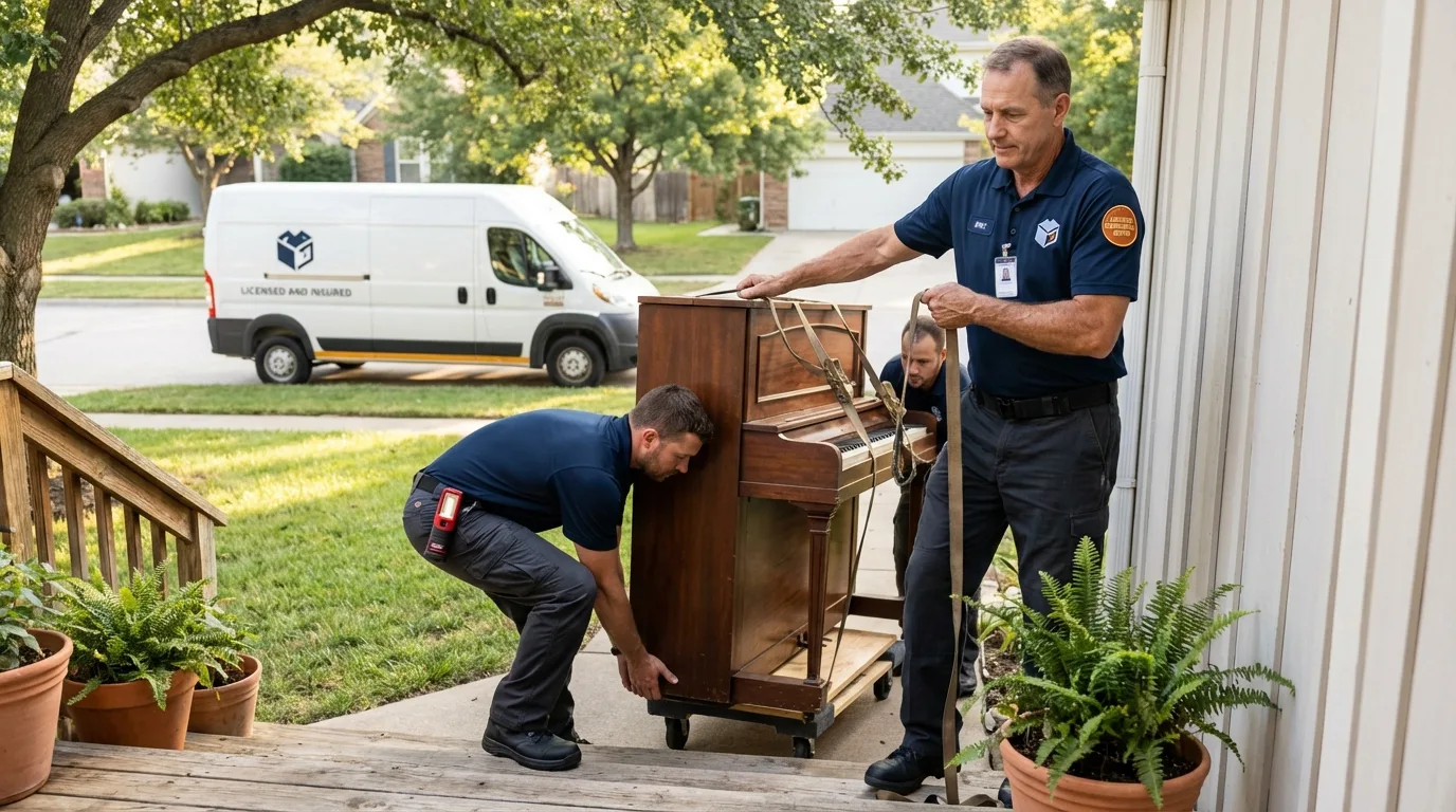 Licensed piano movers securing grand piano in Cheraw, SC