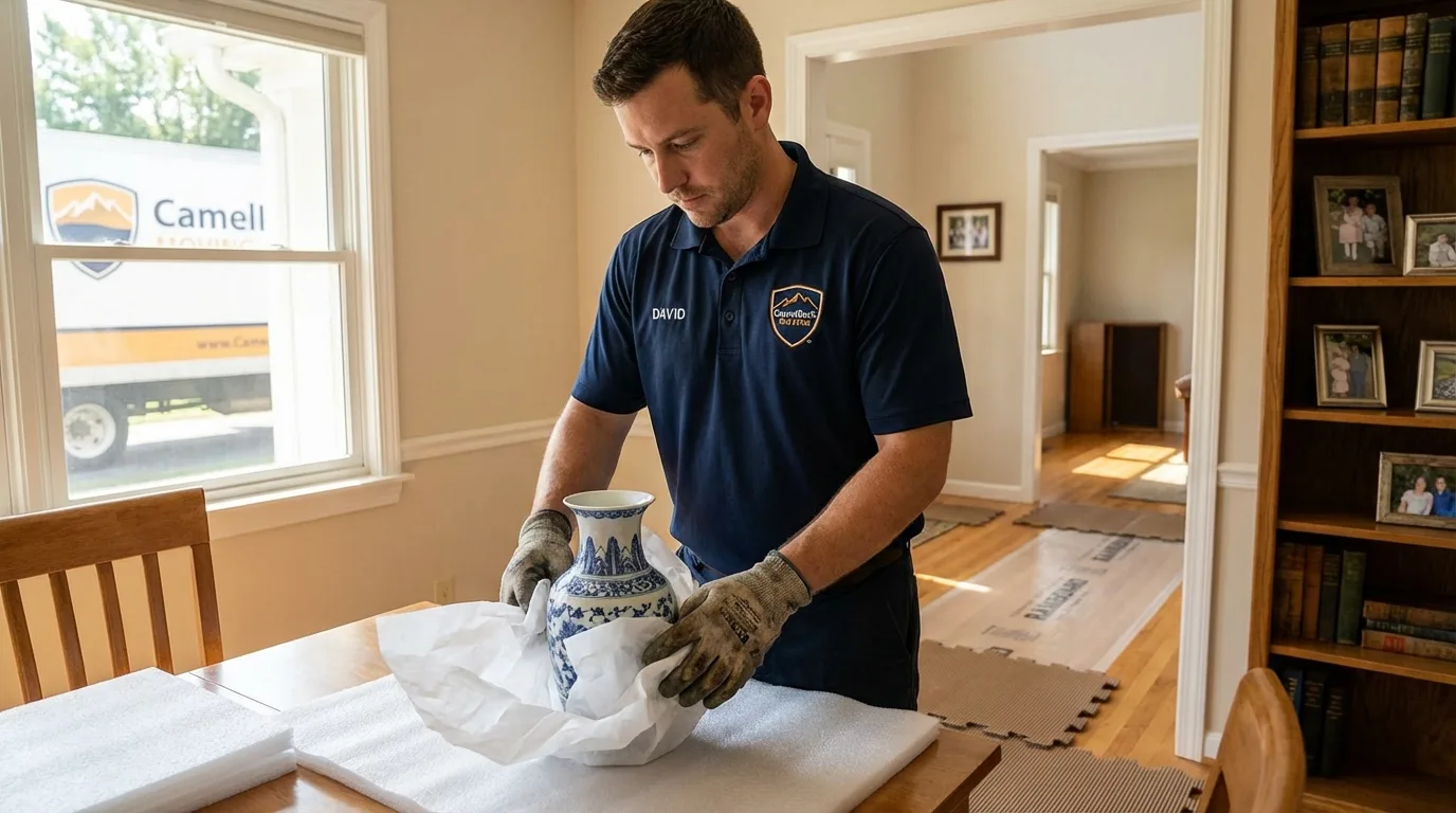 Professional crew carefully wrapping antique vase for senior downsizing move in Cheraw, SC